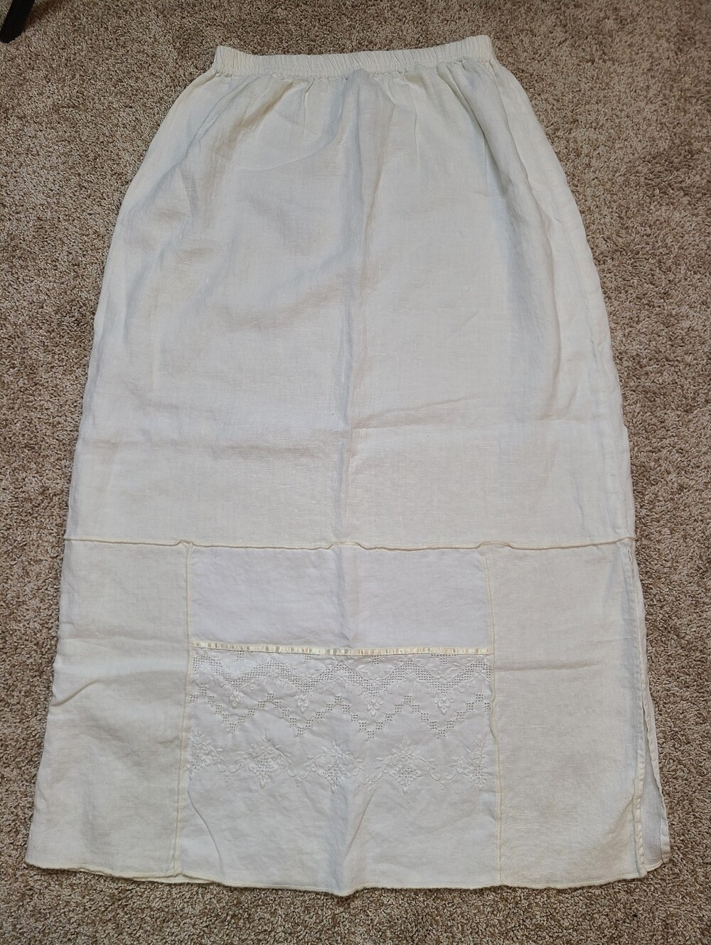 Vintage Linen Maxi Skirt With Lace Detail And Side Slit